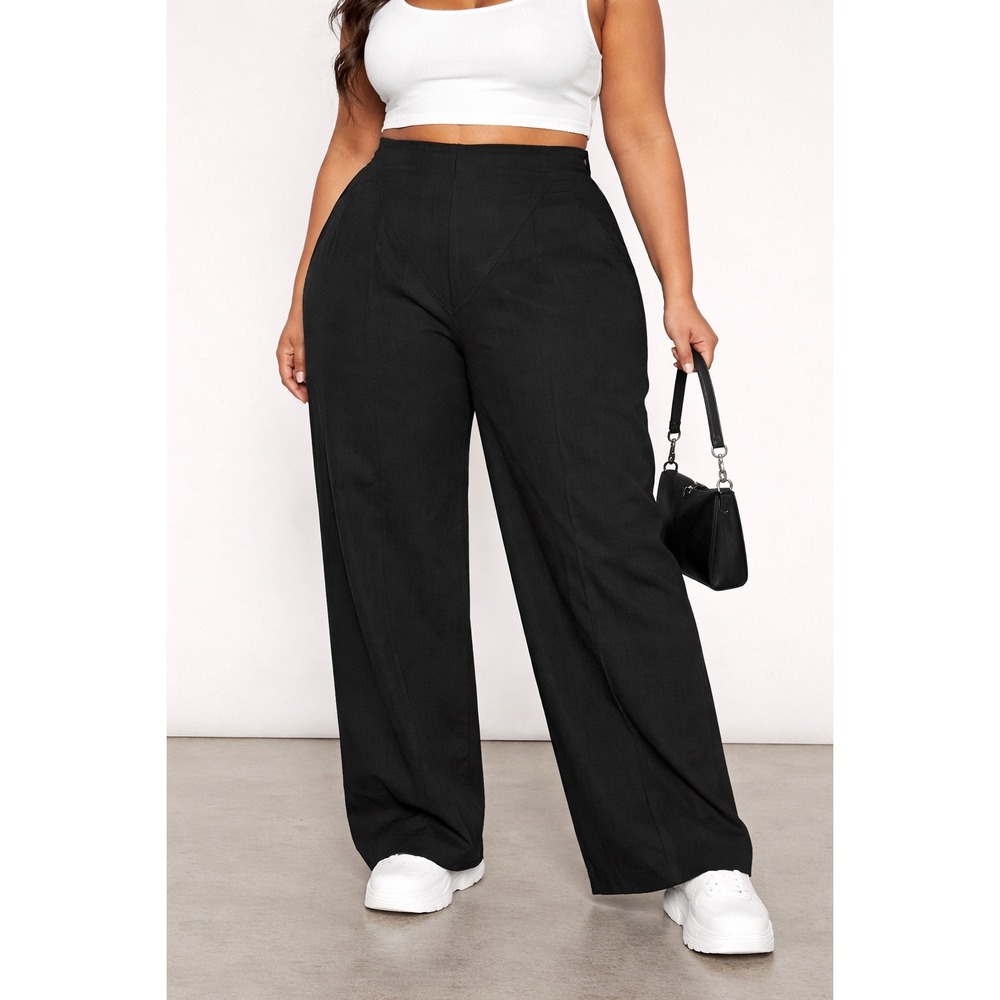 PrettyLittleThing Plus Black Seam Detail Wide Leg Trousers US 16‎ Cotton CMR7099
